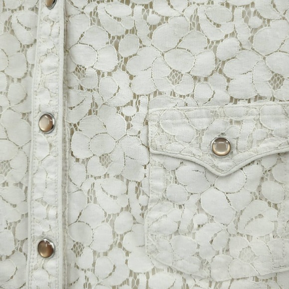 Sanctuary Women's Silk Lace Short Sleeve Button Up Cream Blouse Small - Picture 6 of 9